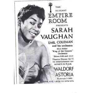 Sarah Vaughan Emil Coleman Waldorf Astoria NYC Advertisement 1950s Print Ad